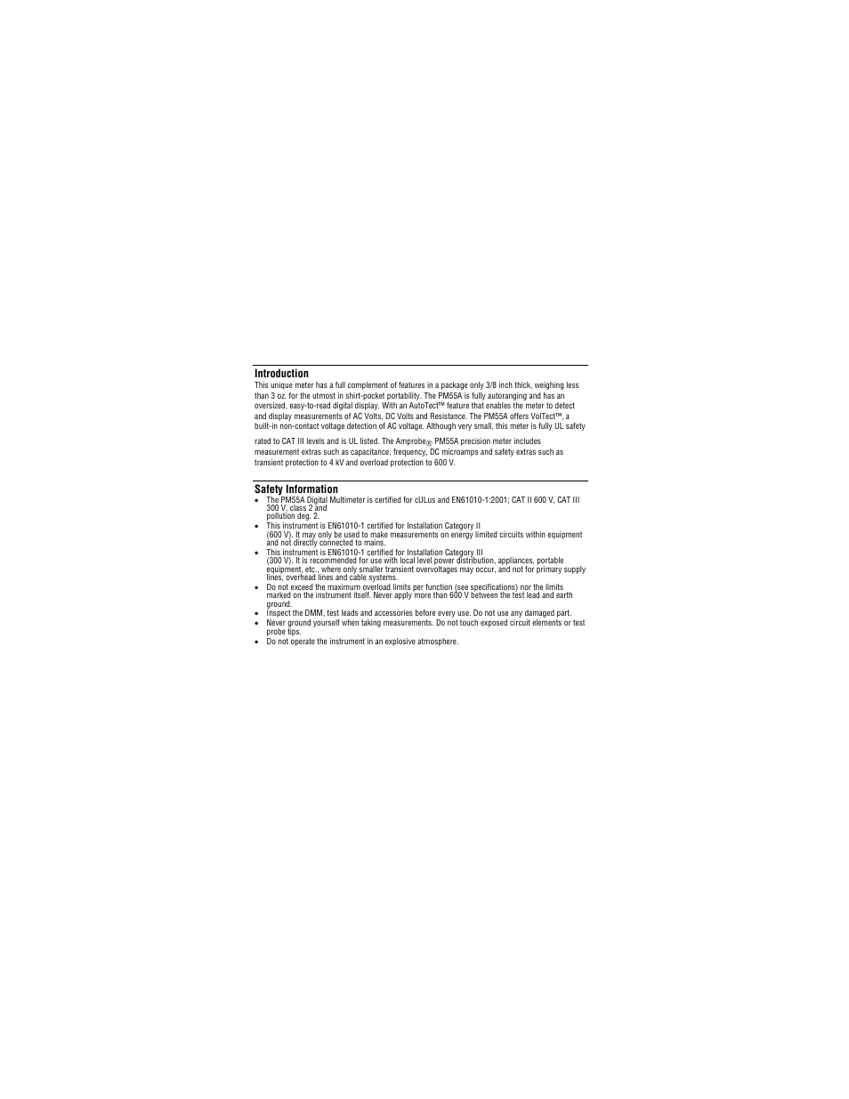 Introduction, Safety information | Amprobe PM55A Automatic-Precision-Pocket-Meter User Manual | Page 4 / 80