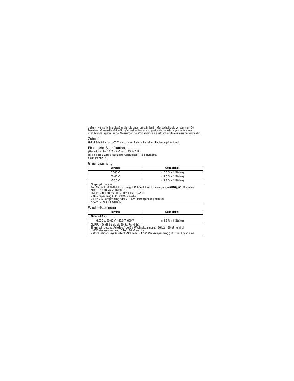 Zubehör, Elektrische spezifikationen, Gleichspannung | Wechselspannung | Amprobe PM55A Automatic-Precision-Pocket-Meter User Manual | Page 46 / 80