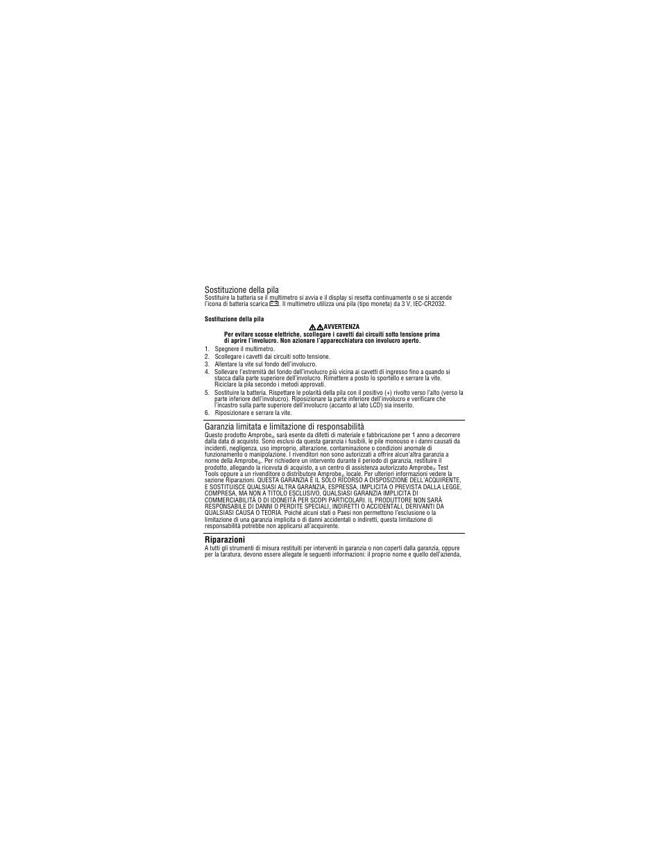 Sostituzione della pila, Garanzia limitata e limitazione di responsabilità, Riparazioni | Amprobe PM55A Automatic-Precision-Pocket-Meter User Manual | Page 59 / 80