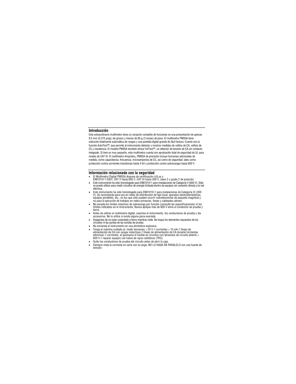 Introducción, Información relacionada con la seguridad | Amprobe PM55A Automatic-Precision-Pocket-Meter User Manual | Page 68 / 80