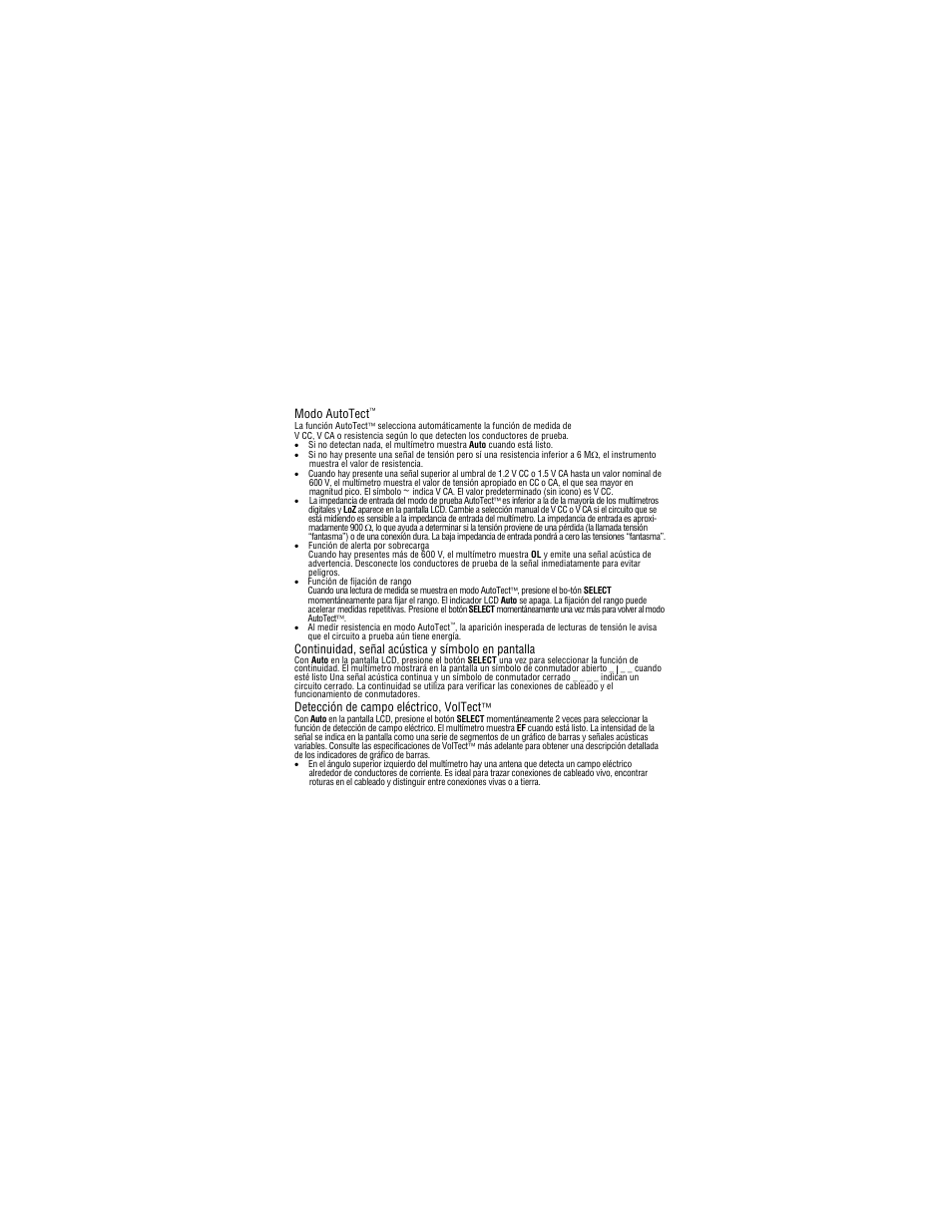 Modo autotect, Continuidad, señal acústica y símbolo en pantalla, Detección de campo eléctrico, voltect | Amprobe PM55A Automatic-Precision-Pocket-Meter User Manual | Page 71 / 80
