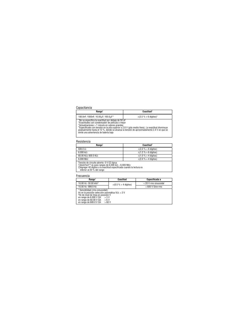 Capacitancia, Resistencia, Frecuencia | Amprobe PM55A Automatic-Precision-Pocket-Meter User Manual | Page 79 / 80