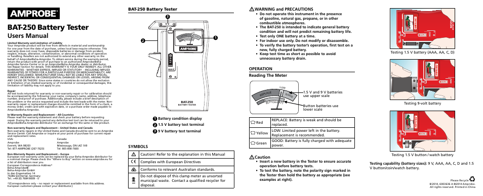 Amprobe BAT-250 User Manual | 2 pages