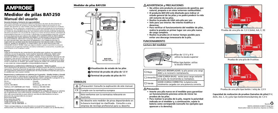 Manual del usuario, Medidor de pilas bat-250, Símbolos | Advertencia y precauciones, Funcionamiento lectura del medidor, Precaución | Amprobe BAT-250 User Manual | Page 2 / 2