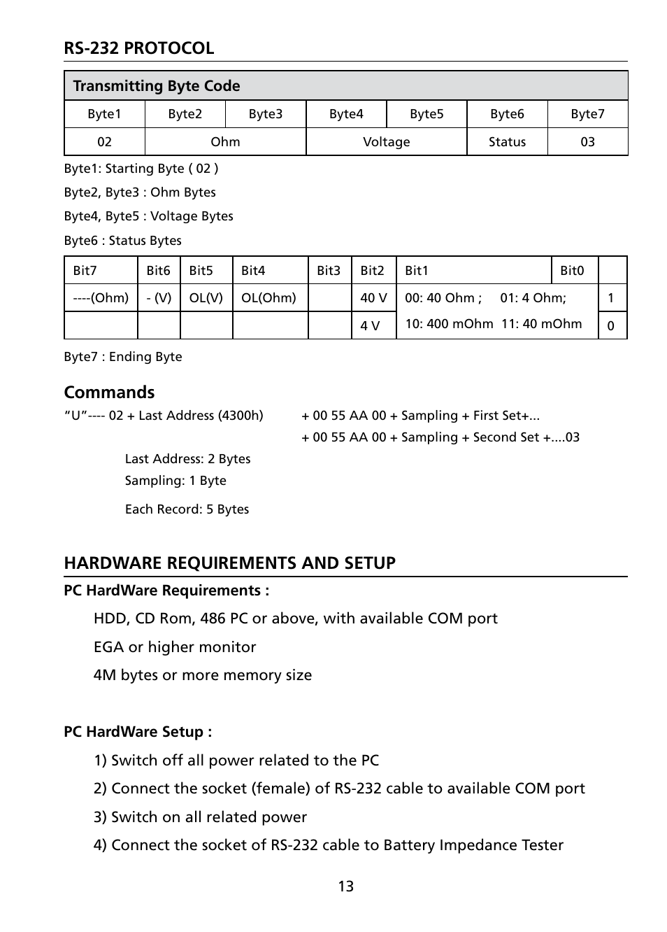 Rs-232 protocol hardware requirements and setup, Commands | Amprobe BAT-500 Battery-Impedance-Tester User Manual | Page 20 / 29