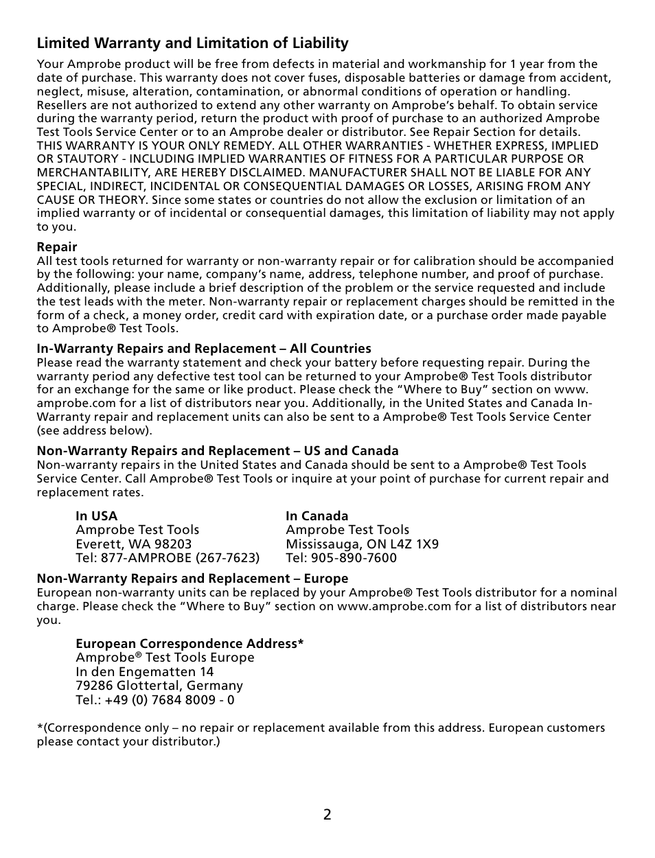 2limited warranty and limitation of liability | Amprobe CM100 Carbon-Monoxide-Meter User Manual | Page 3 / 50