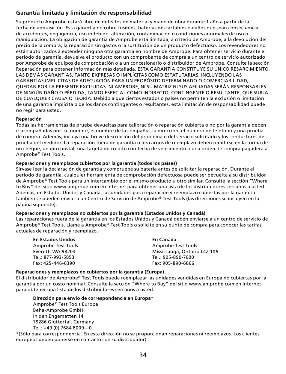 Garantía limitada y limitación de responsabilidad | Amprobe CM100 Carbon-Monoxide-Meter User Manual | Page 35 / 50