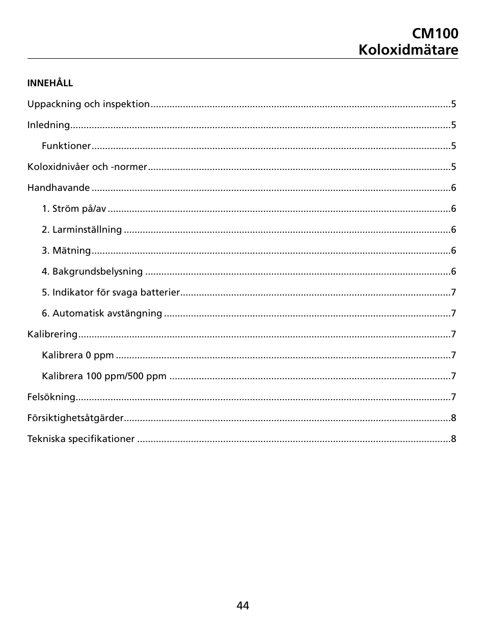 Cm100 koloxidmätare | Amprobe CM100 Carbon-Monoxide-Meter User Manual | Page 45 / 50