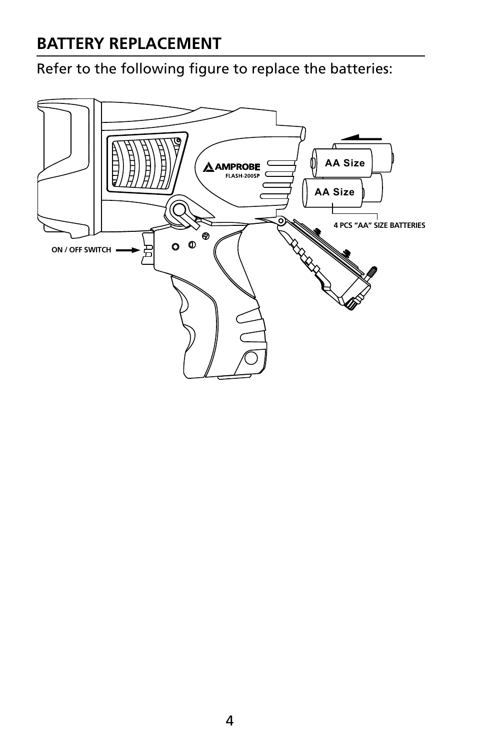Battery replacement | Amprobe FLASH-200SP LED-Spotlight User Manual | Page 10 / 12