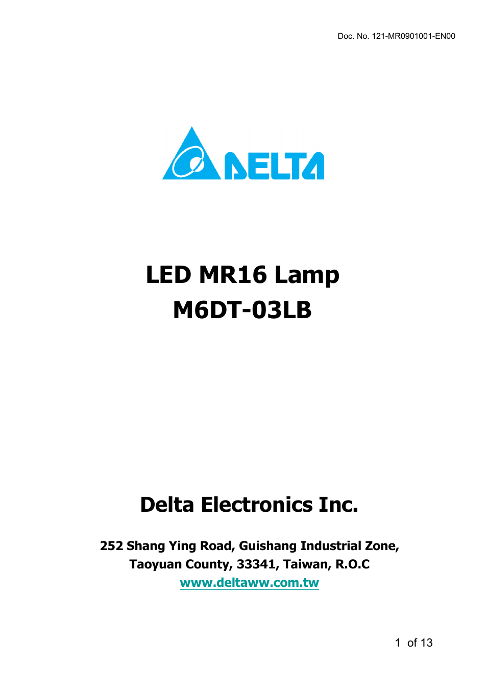 Delta Electronics LED MR16 Lamp M6DT-03LB User Manual | 13 pages