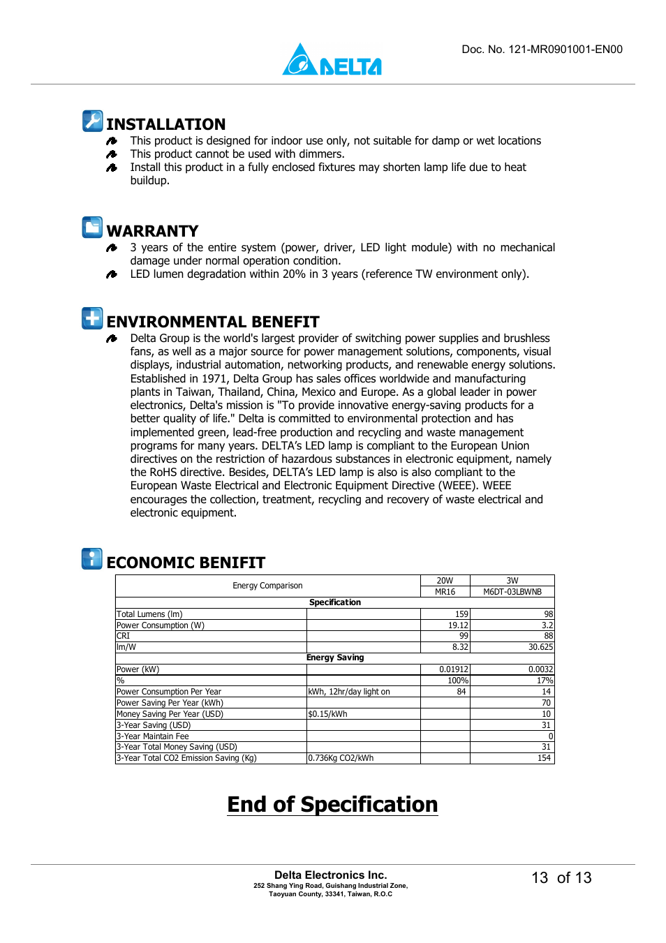End of specification, 13 of 13, Installation | Environmental benefit, Warranty, Economic benifit | Delta Electronics LED MR16 Lamp M6DT-03LB User Manual | Page 13 / 13