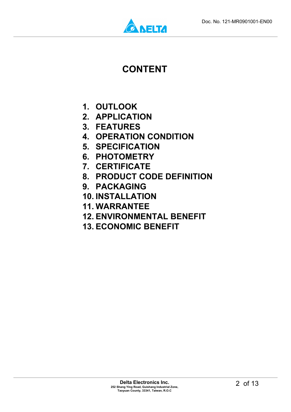 Content, 2 of 13 | Delta Electronics LED MR16 Lamp M6DT-03LB User Manual | Page 2 / 13