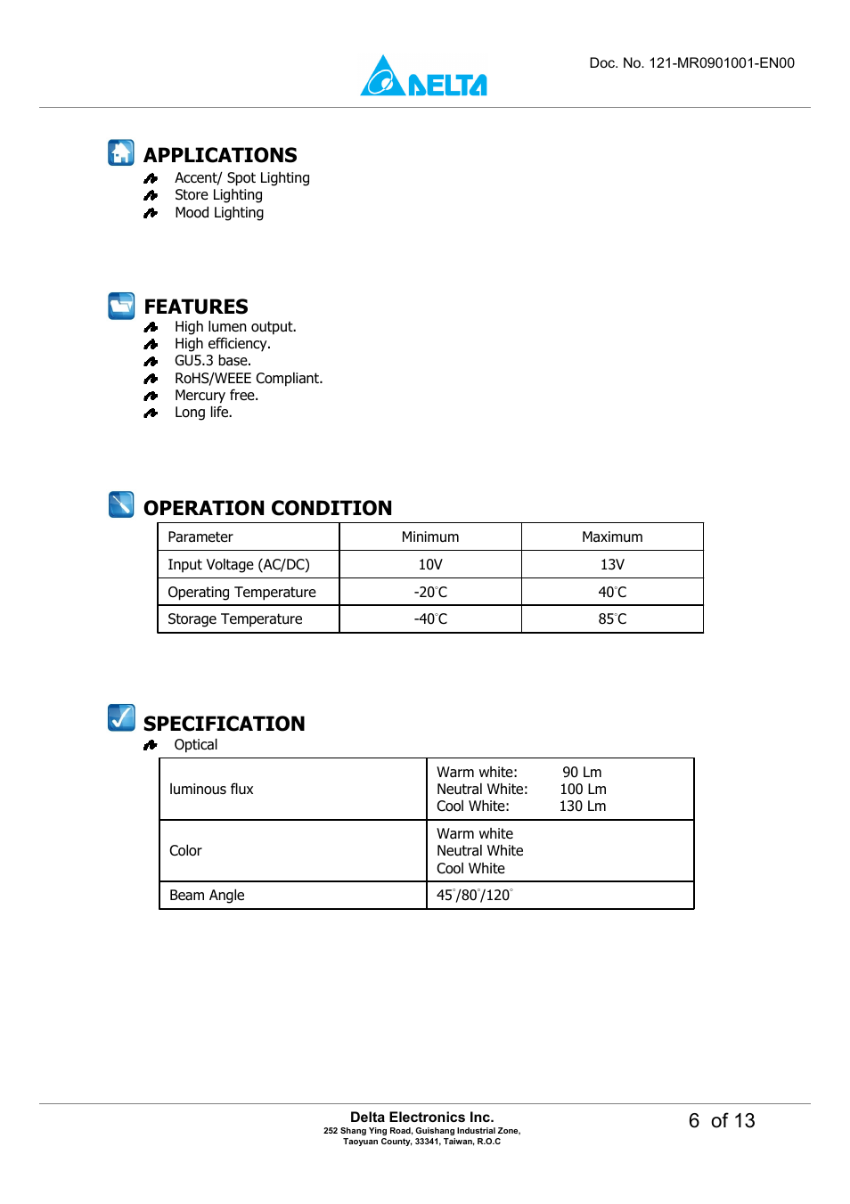 6 of 13, Applications specification, Operation condition | Features | Delta Electronics LED MR16 Lamp M6DT-03LB User Manual | Page 6 / 13