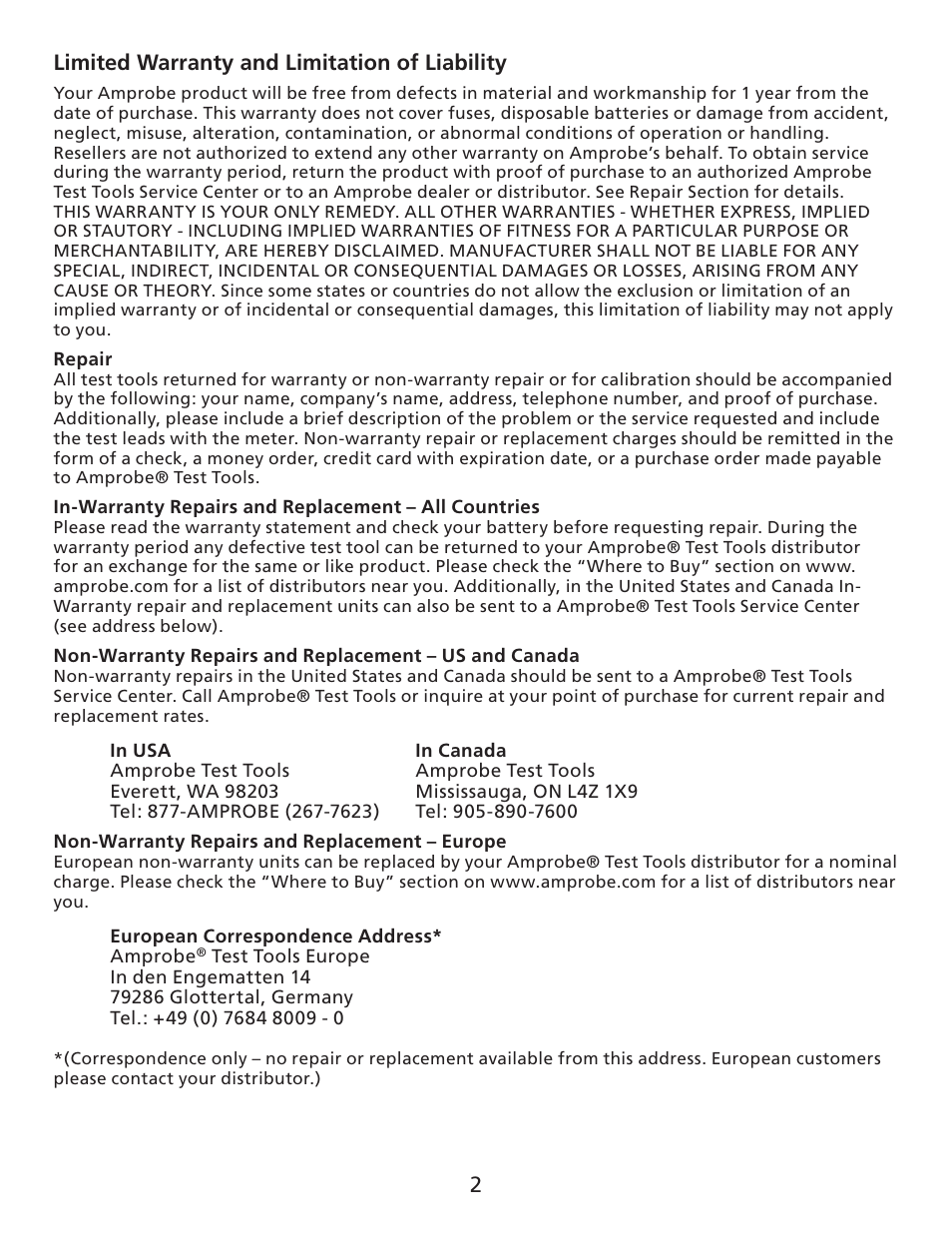 2limited warranty and limitation of liability | Amprobe MAN02-A Digital-Multimeter User Manual | Page 3 / 74