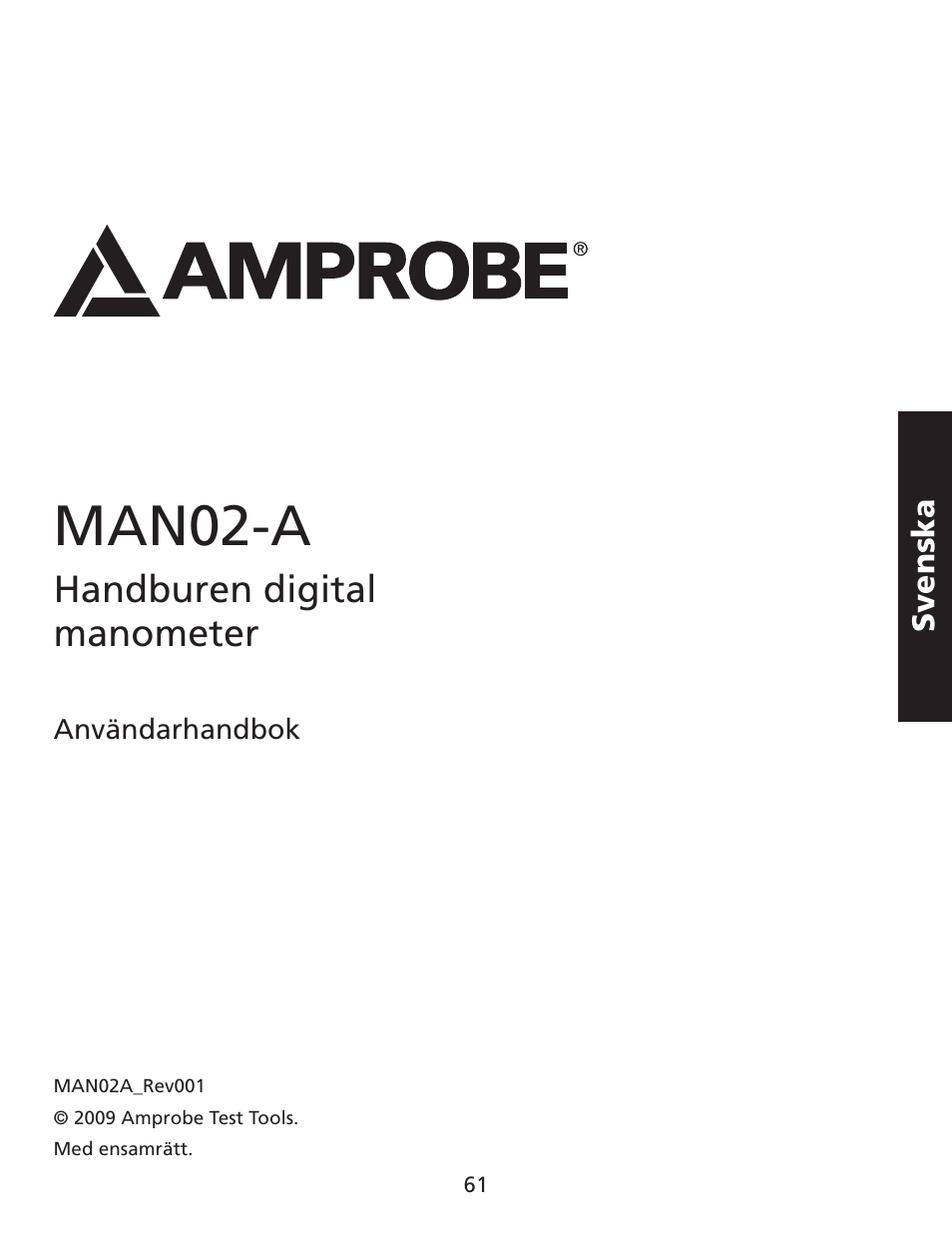 Man02-a, Handburen digital manometer | Amprobe MAN02-A Digital-Multimeter User Manual | Page 62 / 74