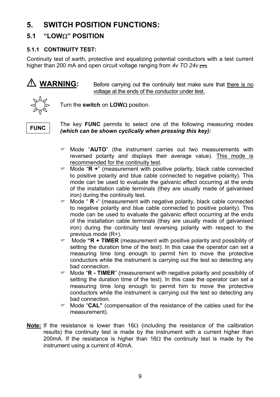 Switch position functions, Ω” position, 1 continuity test | Warning | Amprobe MEGATEST-1000 Megohmmeter User Manual | Page 10 / 100