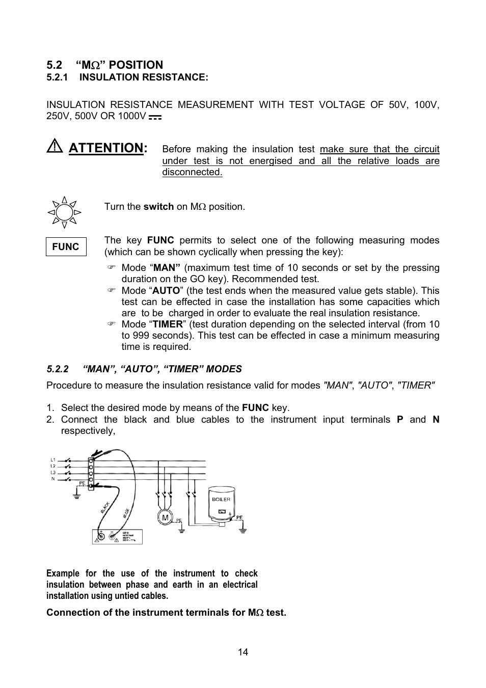 Ω” position, Insulation resistance, Man”, “auto”, “timer” modes | Attention | Amprobe MEGATEST-1000 Megohmmeter User Manual | Page 15 / 100