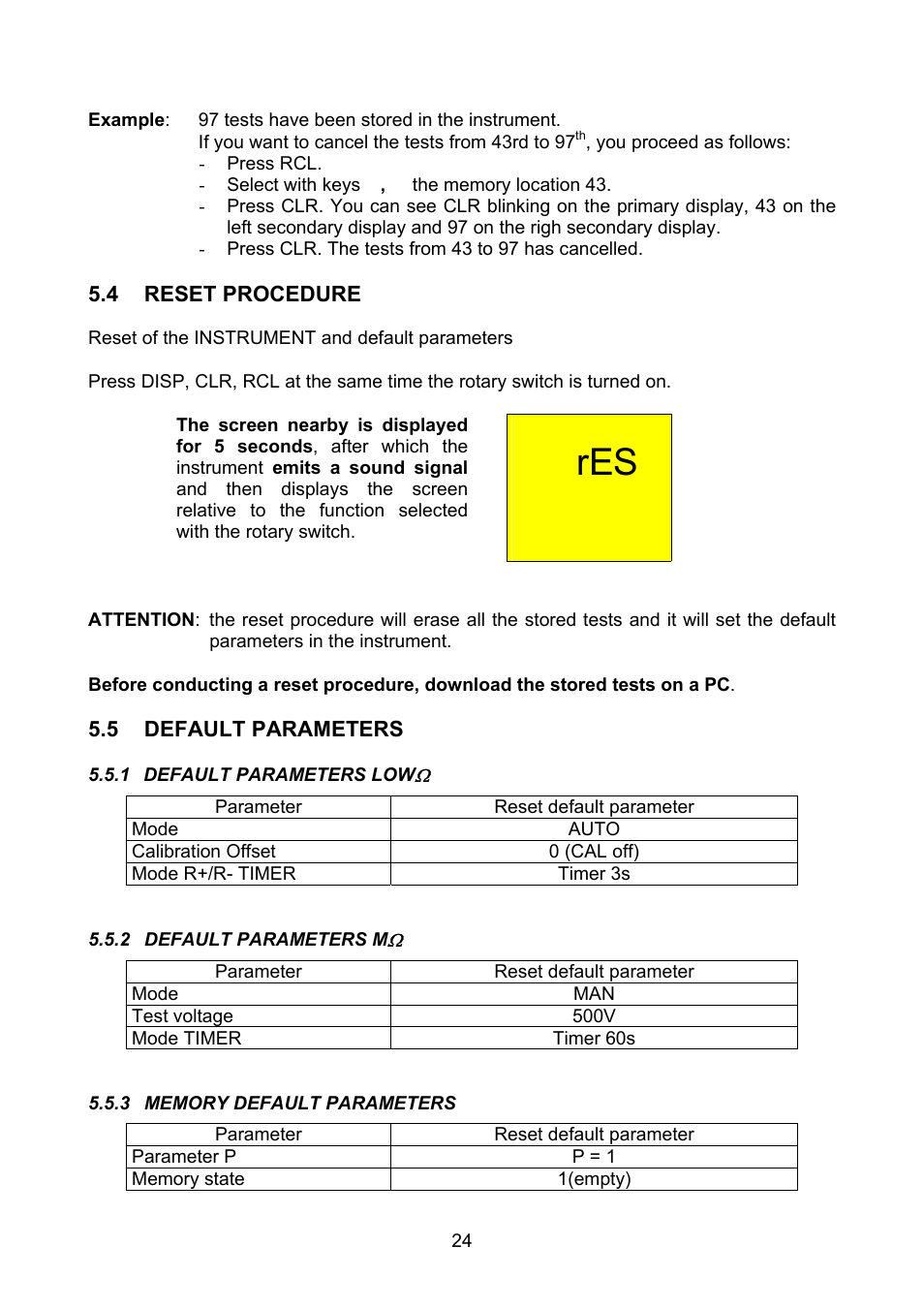 Reset procedure, Default parameters, Default parameters low | Default parameters m, Memory default parameters | Amprobe MEGATEST-1000 Megohmmeter User Manual | Page 25 / 100