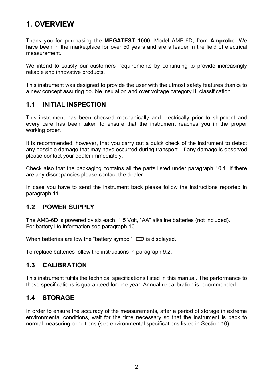 Overview, Initial inspection, Power supply | Calibration, Storage | Amprobe MEGATEST-1000 Megohmmeter User Manual | Page 3 / 100