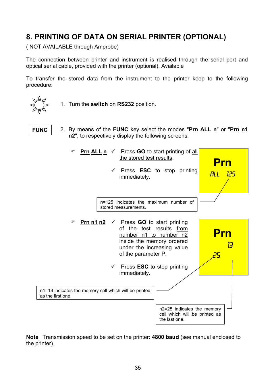 Printing of data on serial printer (optional), All 125 | Amprobe MEGATEST-1000 Megohmmeter User Manual | Page 36 / 100