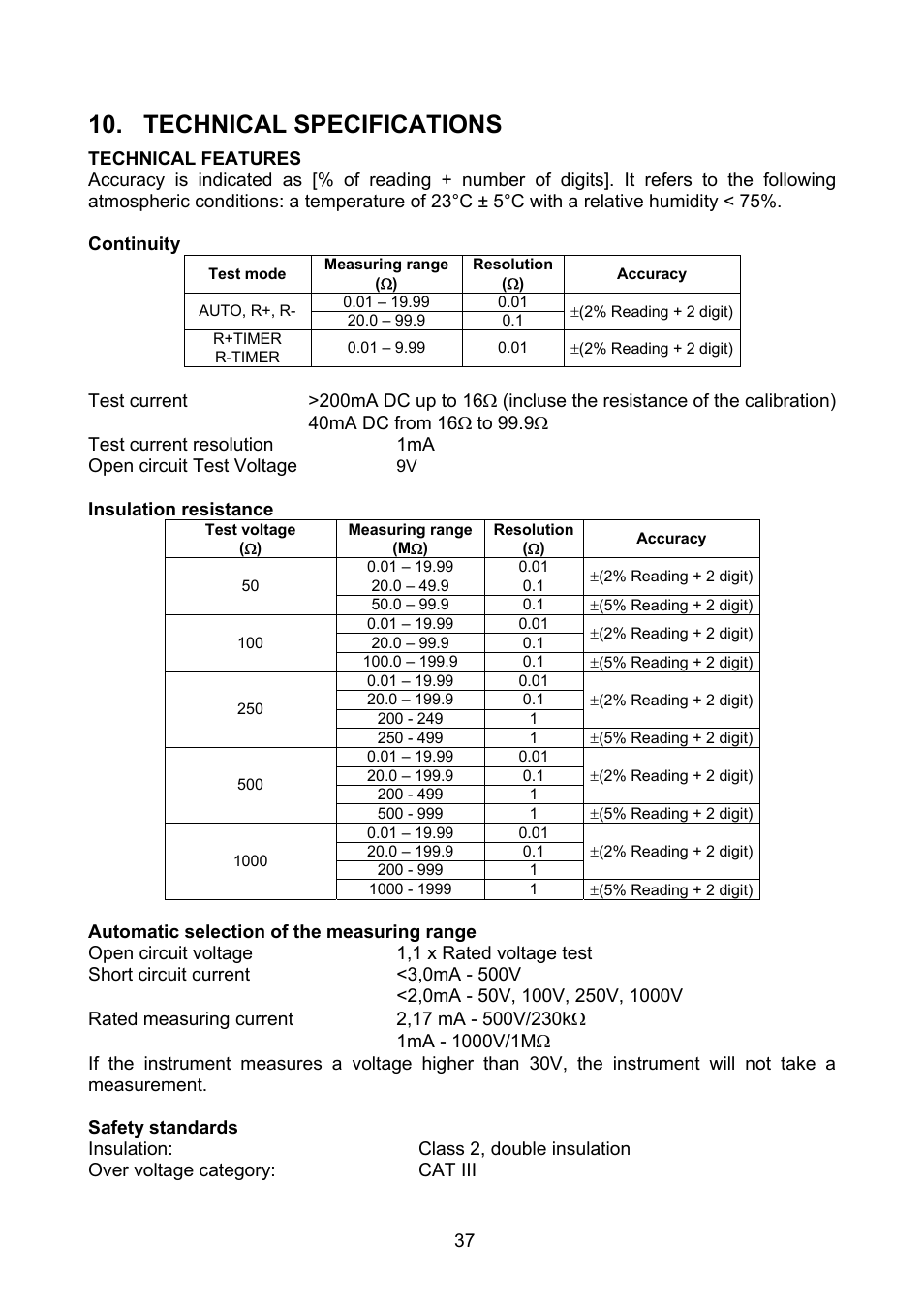 Technical specifications | Amprobe MEGATEST-1000 Megohmmeter User Manual | Page 38 / 100