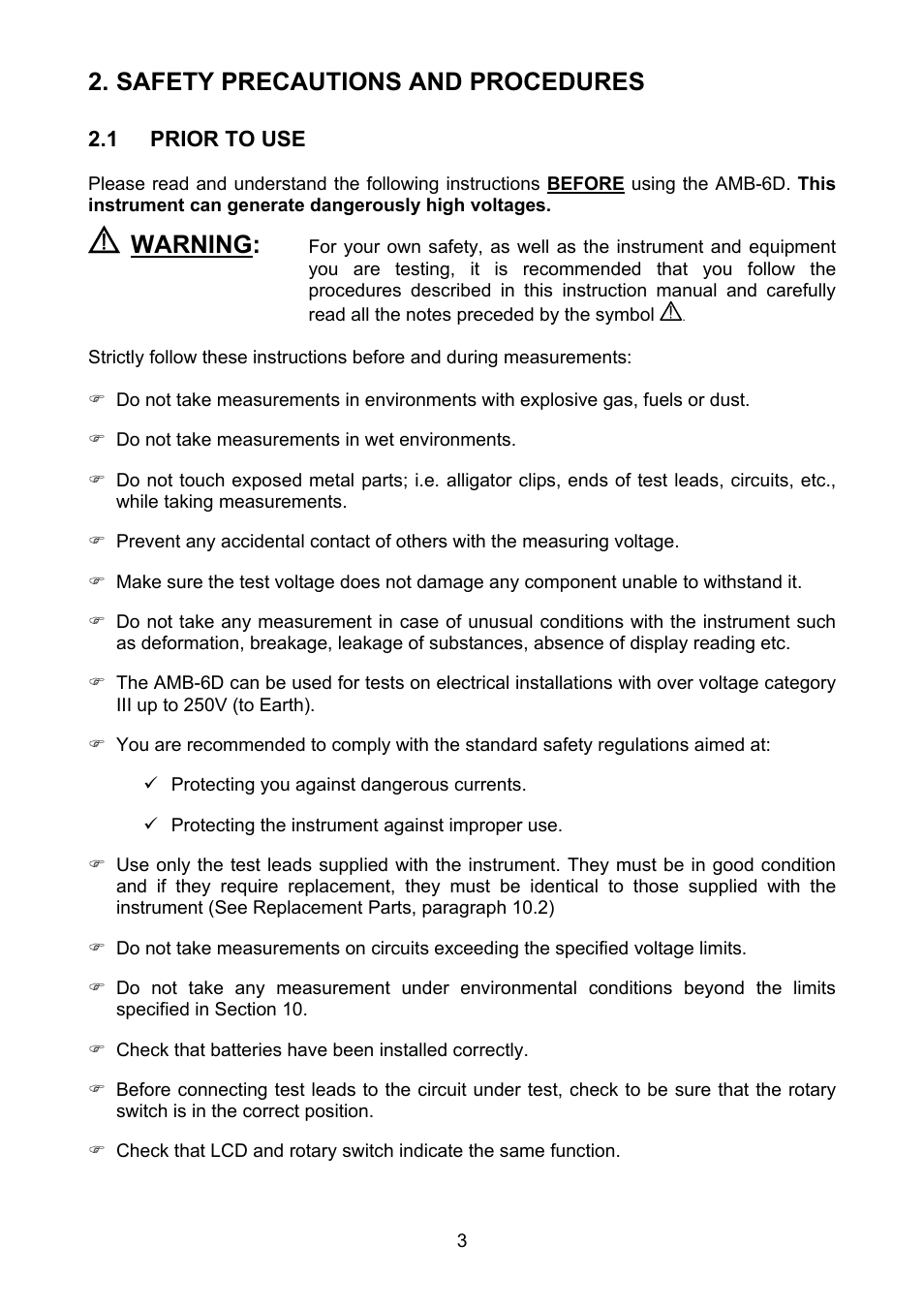 Safety precautions and procedures, Prior to use, Warning | Amprobe MEGATEST-1000 Megohmmeter User Manual | Page 4 / 100