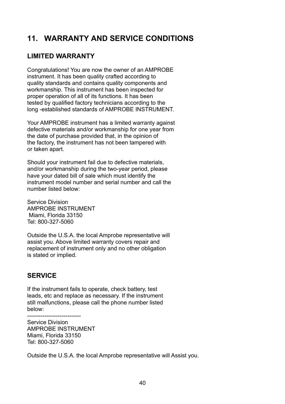 Warranty and service conditions | Amprobe MEGATEST-1000 Megohmmeter User Manual | Page 41 / 100