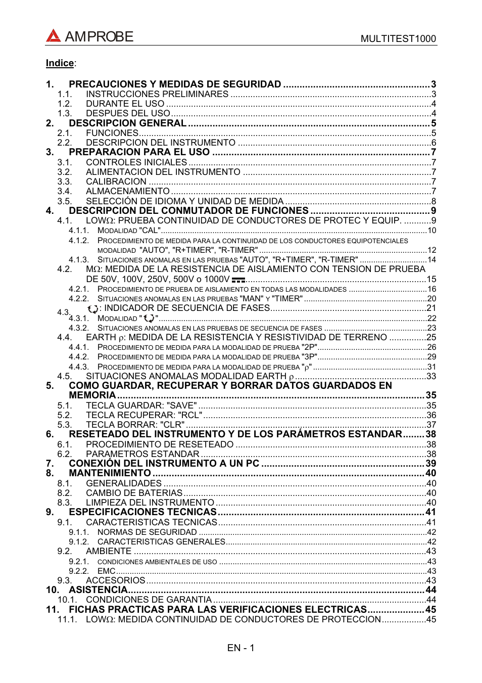 Amprobe | Amprobe MEGATEST-1000 Megohmmeter User Manual | Page 45 / 100