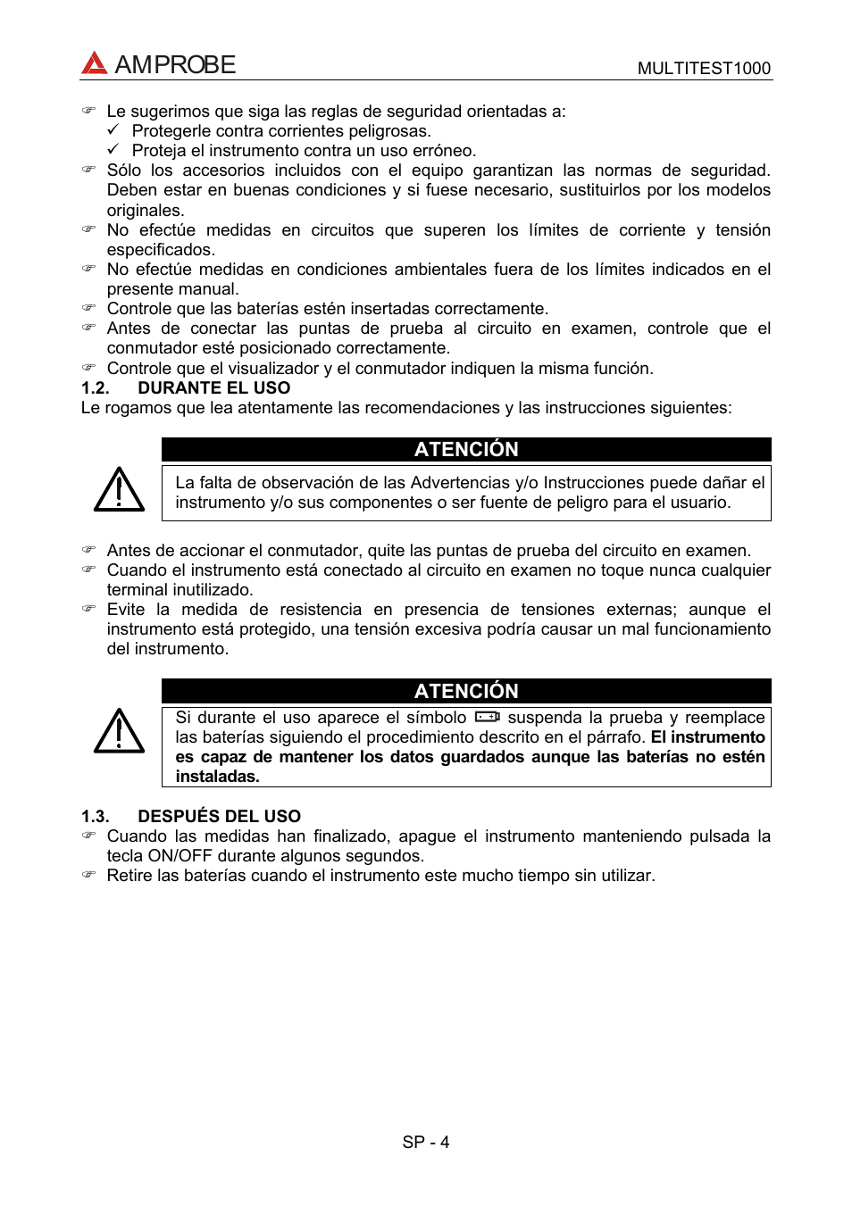 Durante el uso, Después del uso, Amprobe | Amprobe MEGATEST-1000 Megohmmeter User Manual | Page 48 / 100