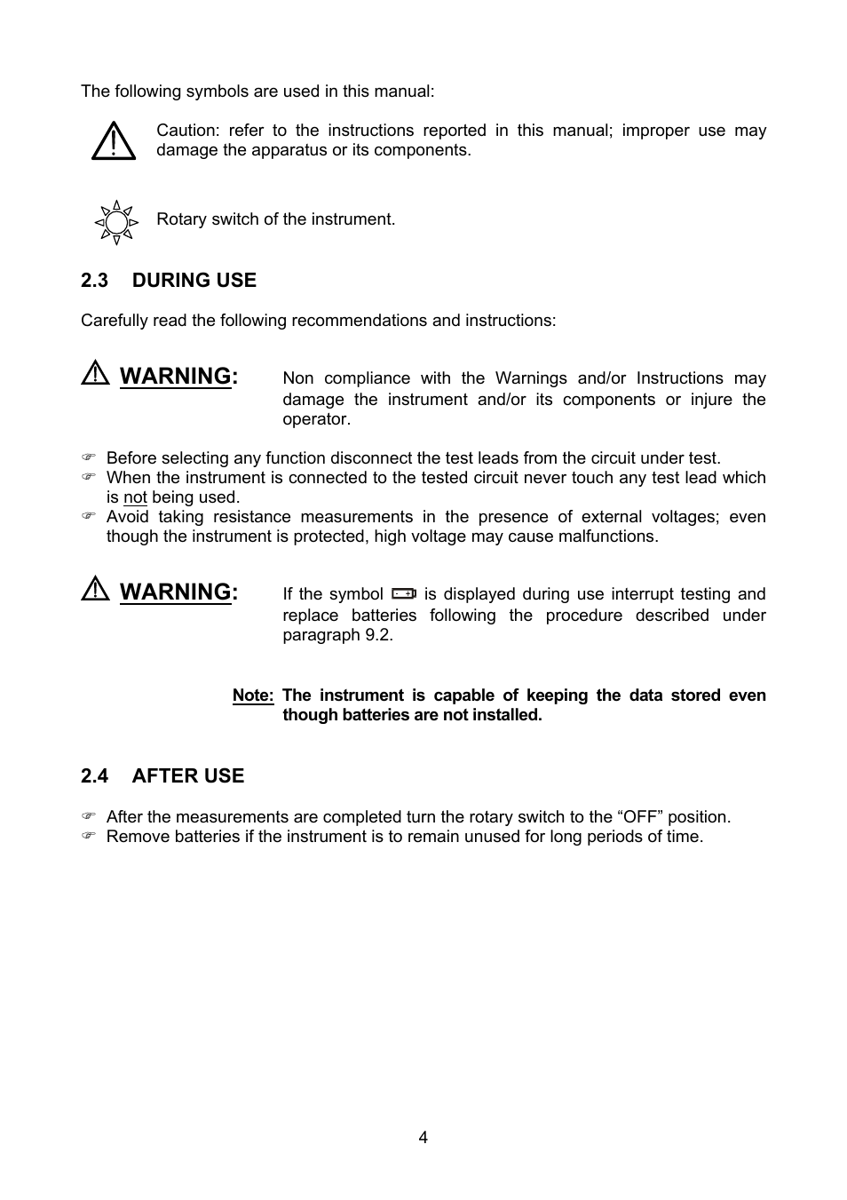 During use, After use, Warning | Amprobe MEGATEST-1000 Megohmmeter User Manual | Page 5 / 100