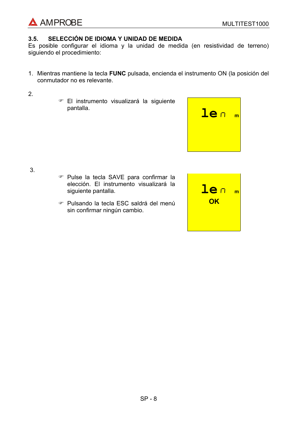 Selección de idioma y unidad de medida, Amprobe | Amprobe MEGATEST-1000 Megohmmeter User Manual | Page 52 / 100