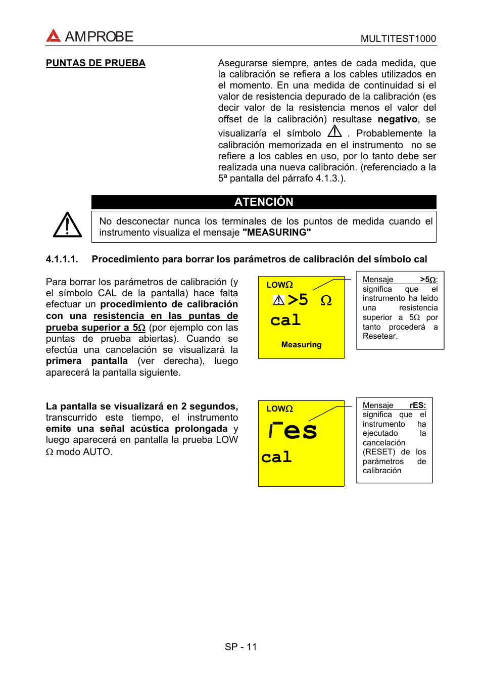 Procedimiento para borrar los parámetros de cali, Amprobe | Amprobe MEGATEST-1000 Megohmmeter User Manual | Page 55 / 100