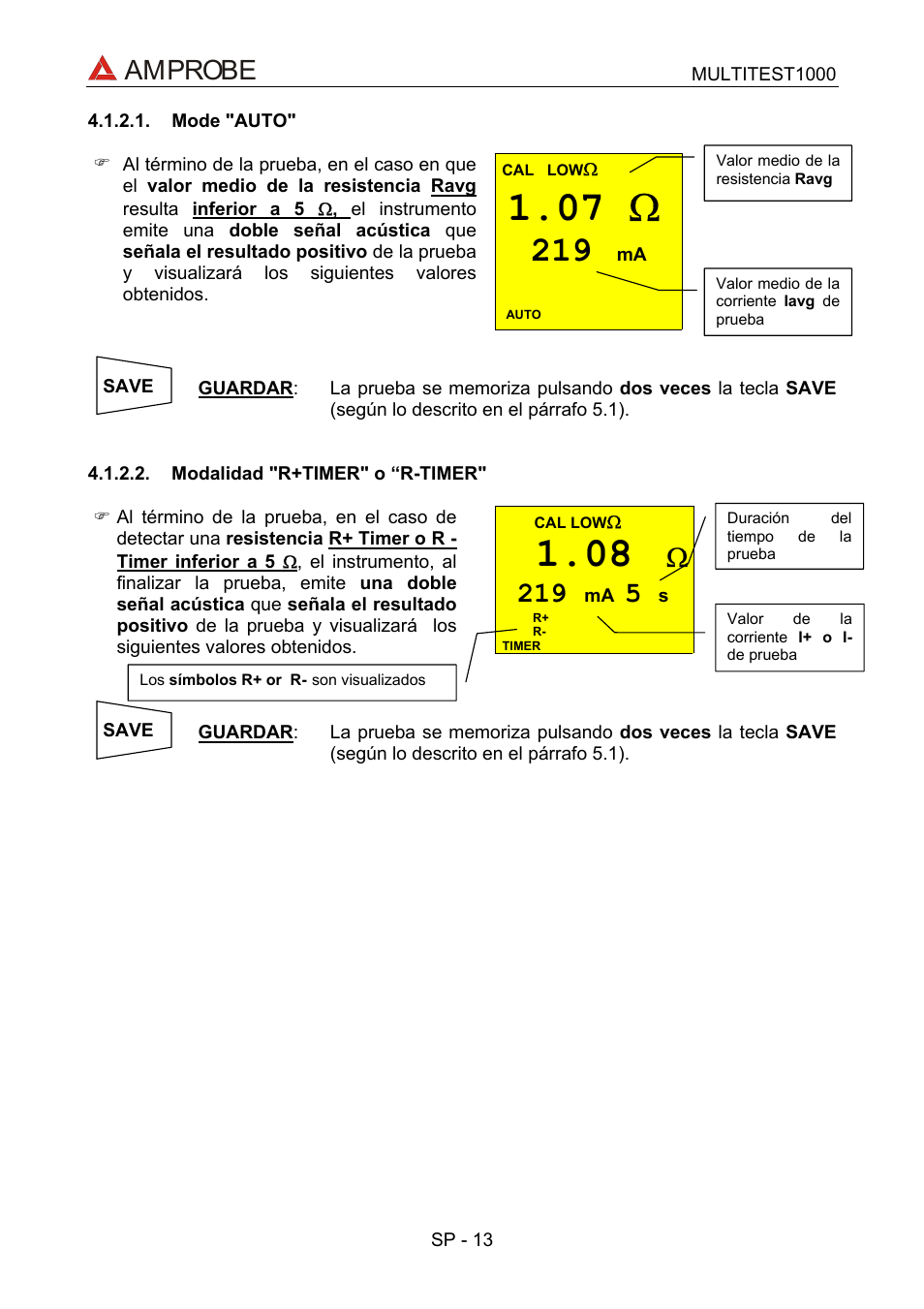 Mode "auto, Modalidad "r+timer" o “r-timer, 07 ω | Amprobe, Ω219 | Amprobe MEGATEST-1000 Megohmmeter User Manual | Page 57 / 100