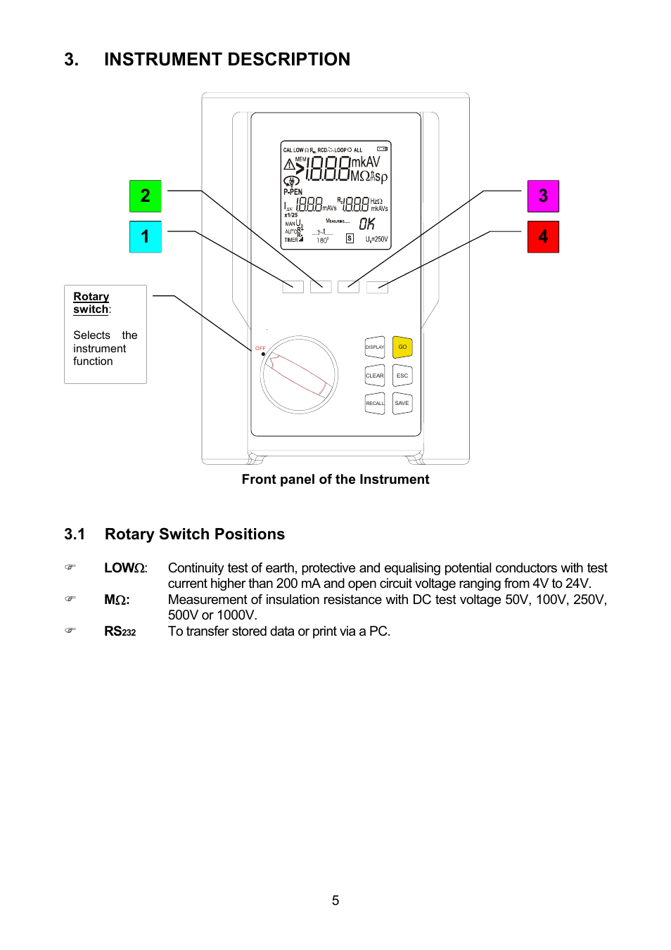 Instrument description, Otary, Witch | Ositions, 1 rotary switch positions | Amprobe MEGATEST-1000 Megohmmeter User Manual | Page 6 / 100