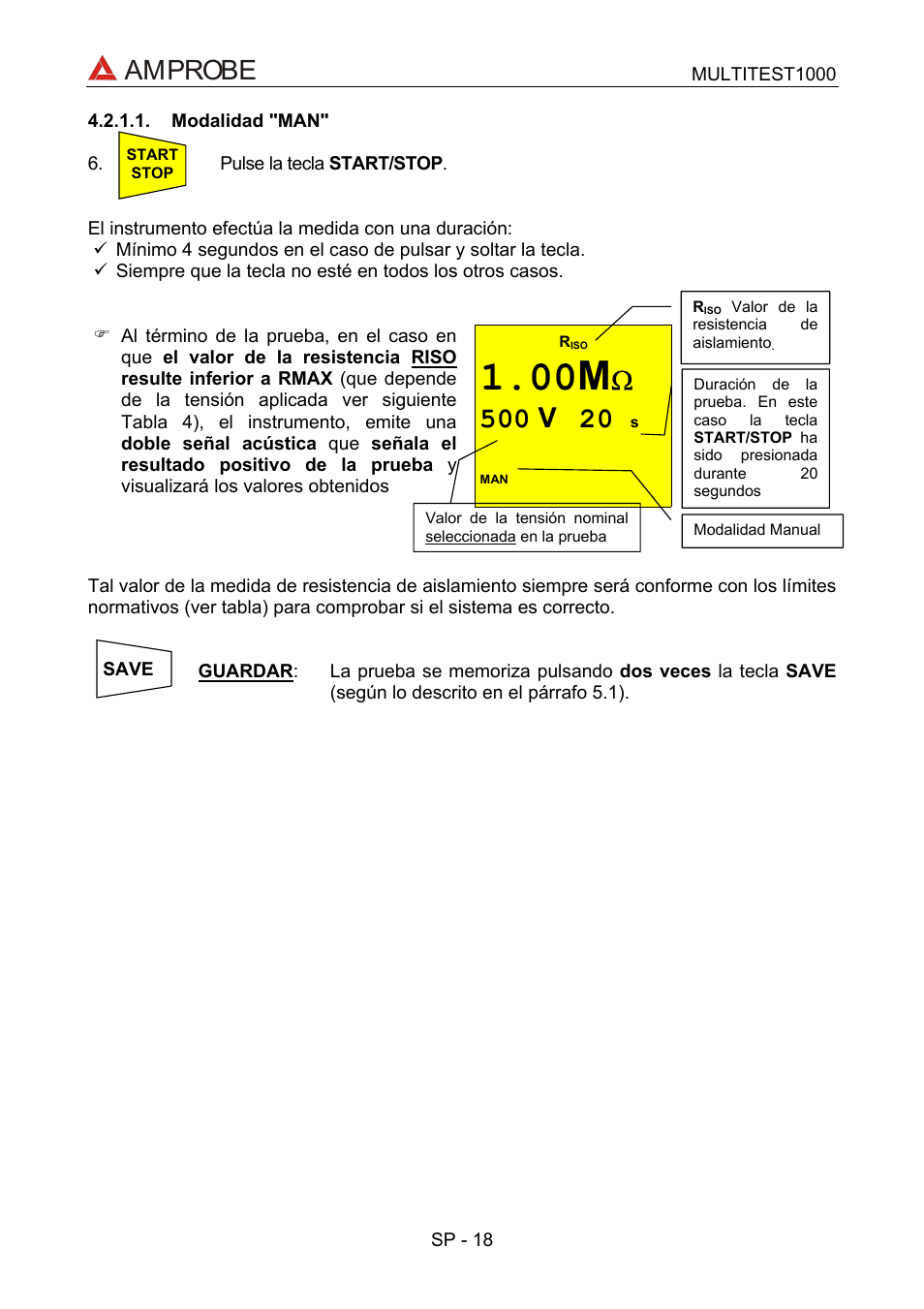 Modalidad "man, Amprobe | Amprobe MEGATEST-1000 Megohmmeter User Manual | Page 62 / 100