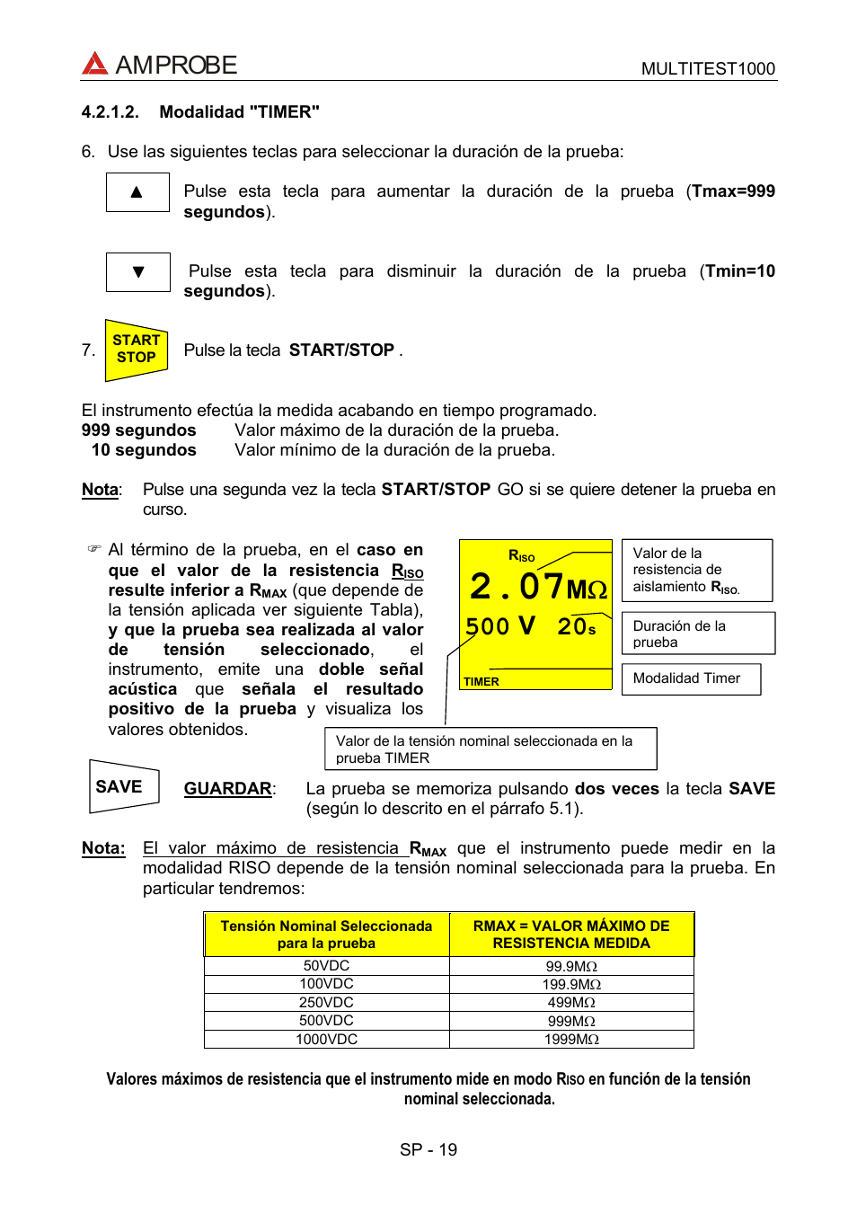 Modalidad "timer, Amprobe | Amprobe MEGATEST-1000 Megohmmeter User Manual | Page 63 / 100