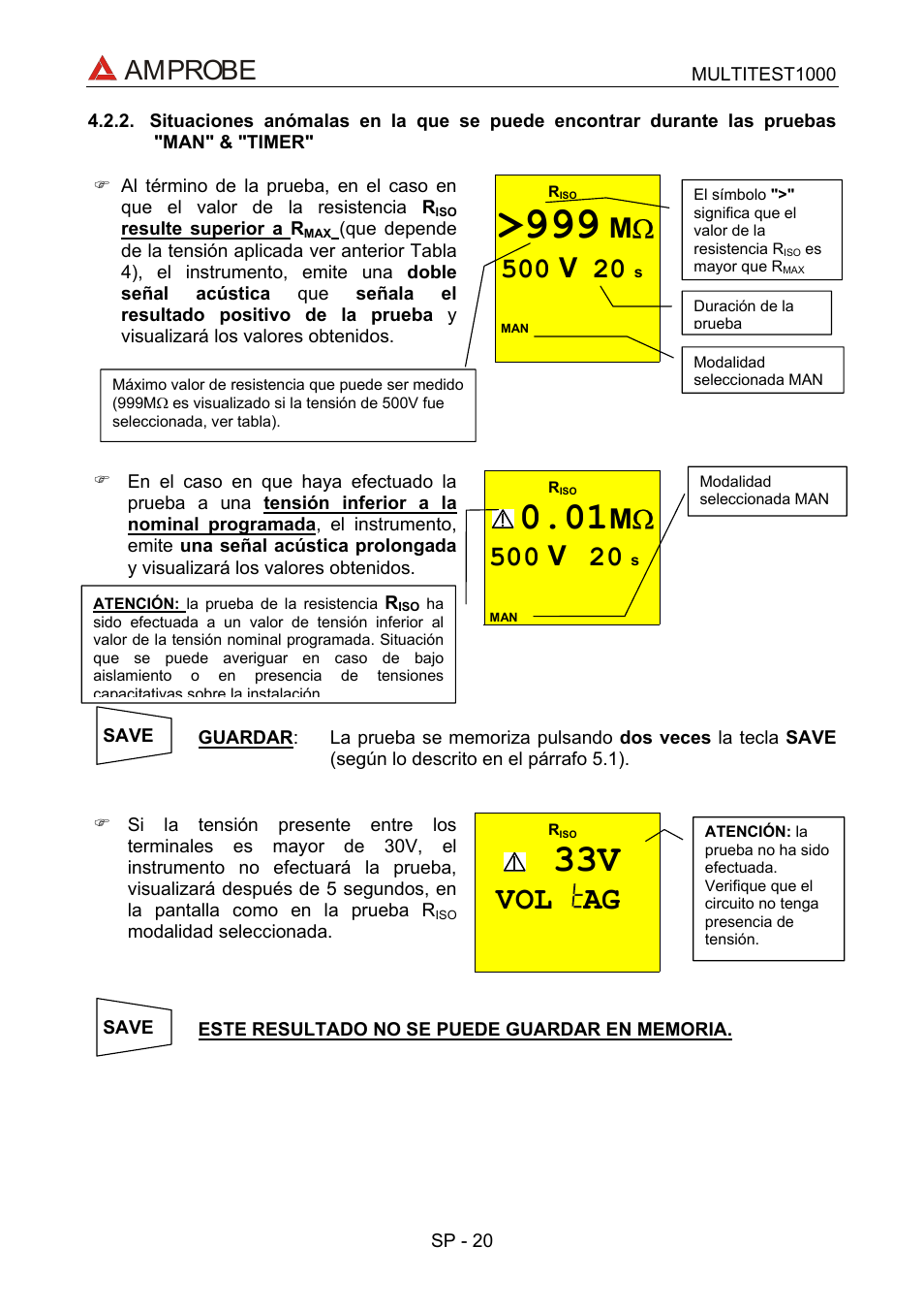 Situaciones anómalas en la que se puede encontra, Vol ag, Amprobe | Amprobe MEGATEST-1000 Megohmmeter User Manual | Page 64 / 100