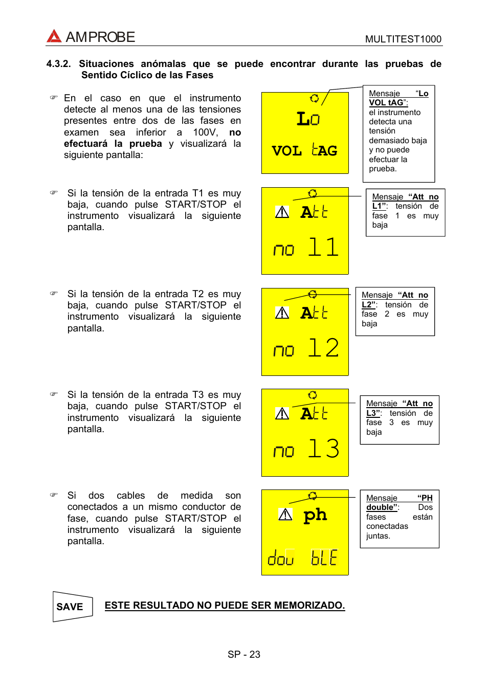 Situaciones anómalas que se puede encontrar dura, Vol ag, Amprobe | Amprobe MEGATEST-1000 Megohmmeter User Manual | Page 67 / 100