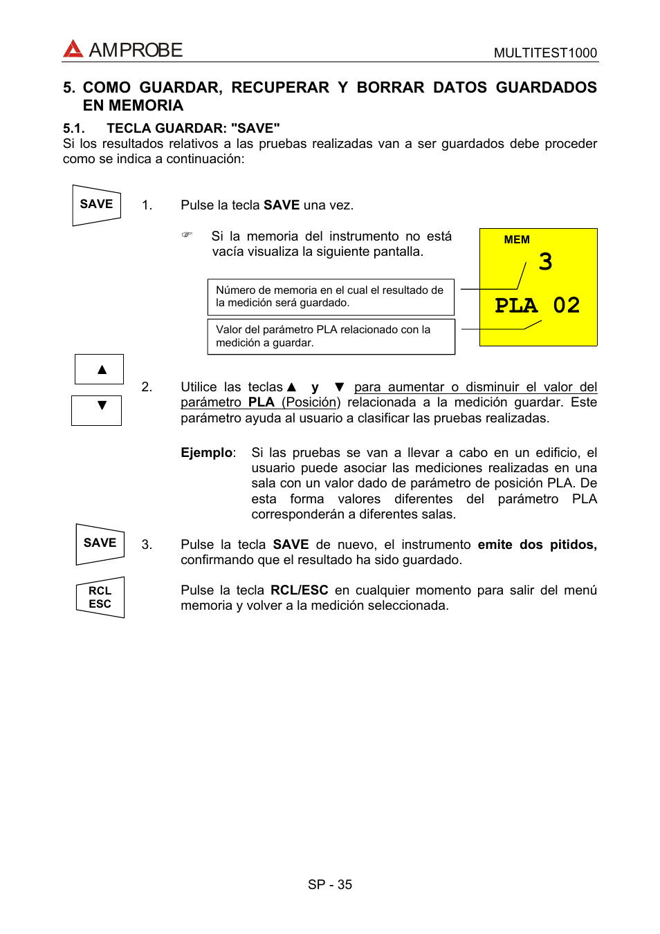 Tecla guardar: "save, Pla 02, Amprobe | Amprobe MEGATEST-1000 Megohmmeter User Manual | Page 79 / 100