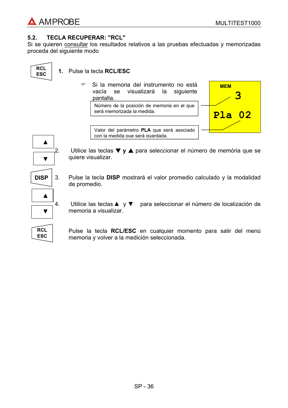 Tecla recuperar: "rcl, Pla 02, Amprobe | Amprobe MEGATEST-1000 Megohmmeter User Manual | Page 80 / 100