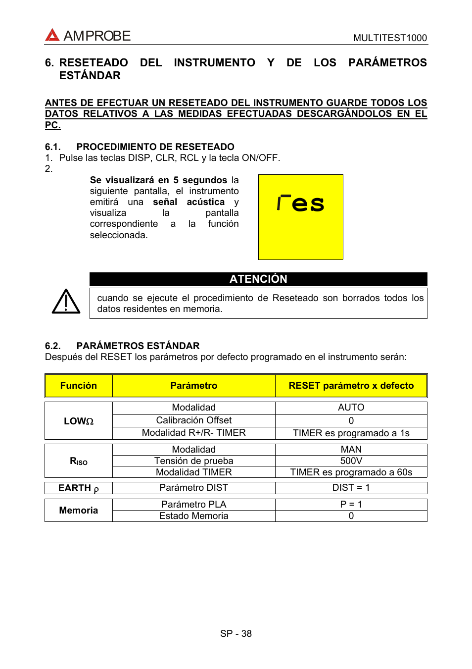 Reseteado del instrumento y de los parámetros es, Procedimiento de reseteado, Parámetros estándar | Amprobe | Amprobe MEGATEST-1000 Megohmmeter User Manual | Page 82 / 100