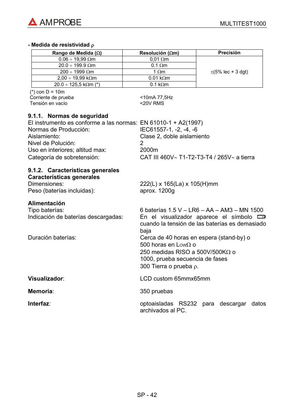 Medida de resistividad, Normas de seguridad, Características generales | Amprobe | Amprobe MEGATEST-1000 Megohmmeter User Manual | Page 86 / 100