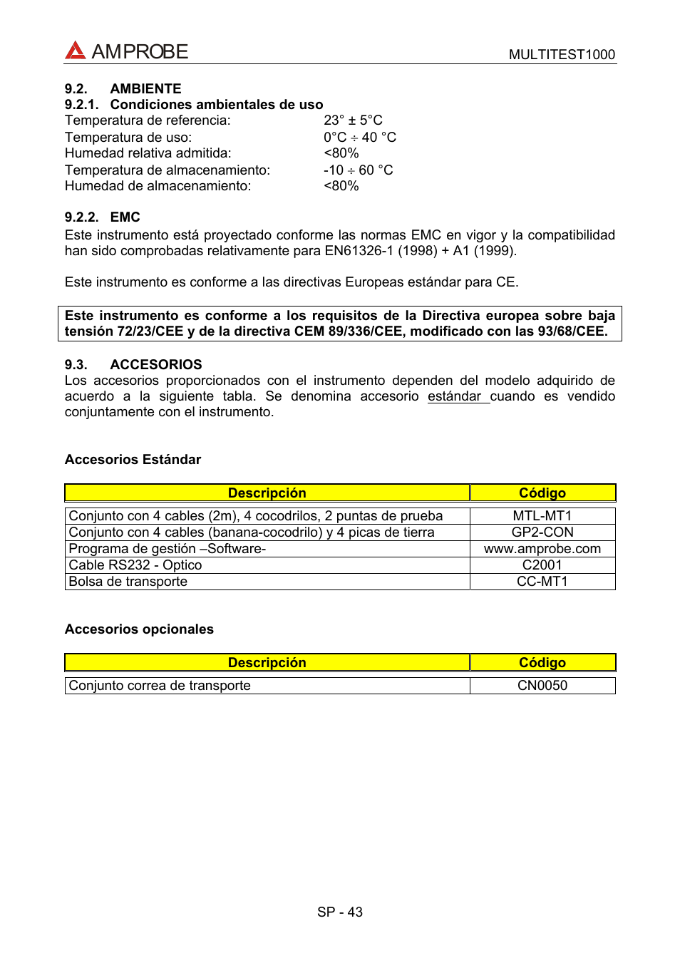 Ambiente, Condiciones ambientales de uso, Accesorios | Amprobe | Amprobe MEGATEST-1000 Megohmmeter User Manual | Page 87 / 100