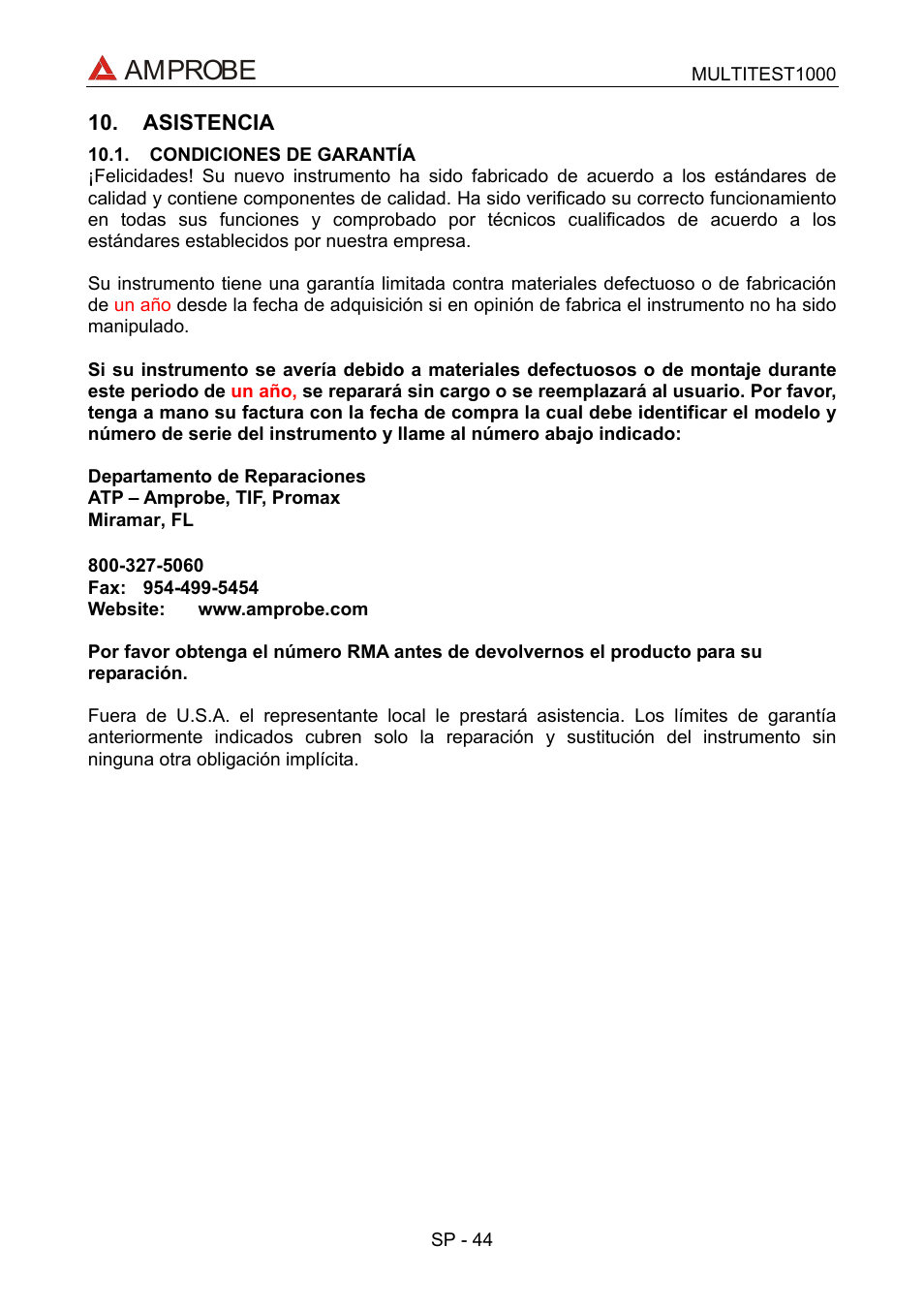 Asistencia, Condiciones de garantía, Phone:954-499-5400 | Amprobe | Amprobe MEGATEST-1000 Megohmmeter User Manual | Page 88 / 100