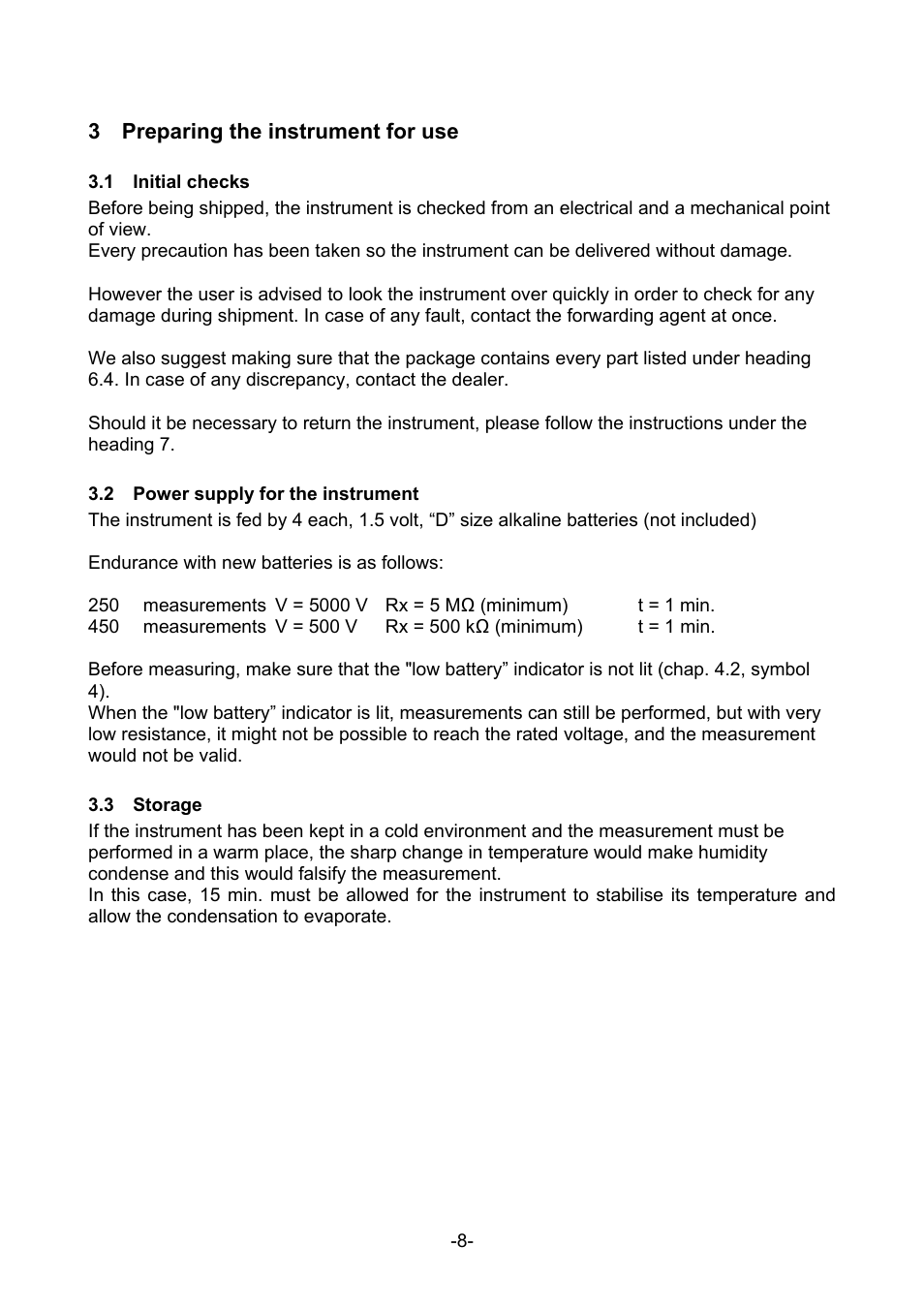 Preparing the instrument for use, Nitial checks, Ower supply for the instrument | Torage | Amprobe MEGATEST-5000 Megohmmeter User Manual | Page 10 / 32