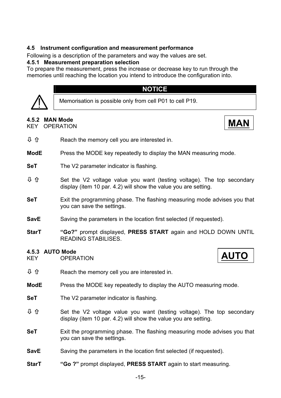 Measurement preparation selection, Man mode, Auto mode | Auto man | Amprobe MEGATEST-5000 Megohmmeter User Manual | Page 17 / 32