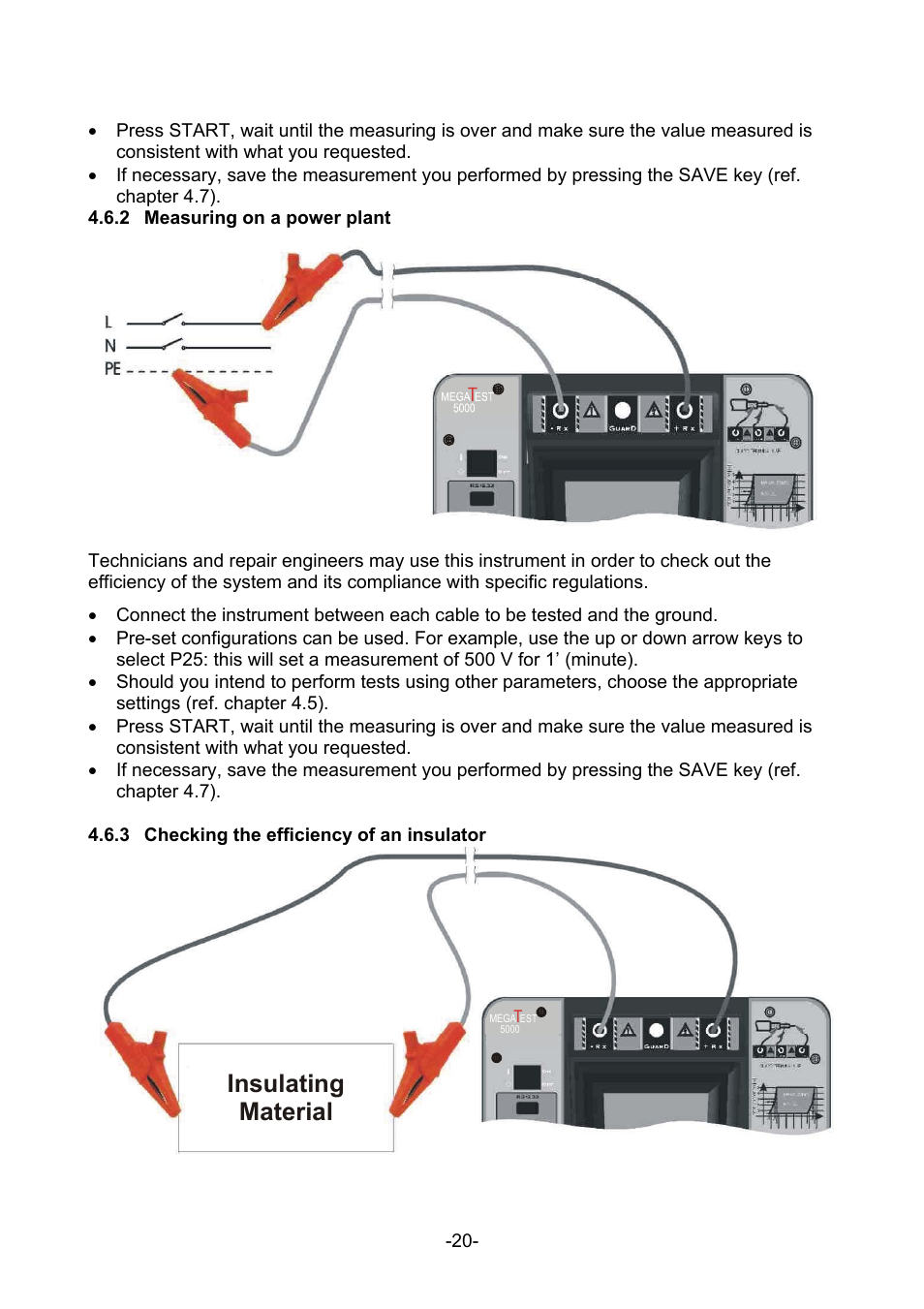 Measuring on a power plant, Checking the efficiency of an insulator, Insulating material | Amprobe MEGATEST-5000 Megohmmeter User Manual | Page 22 / 32