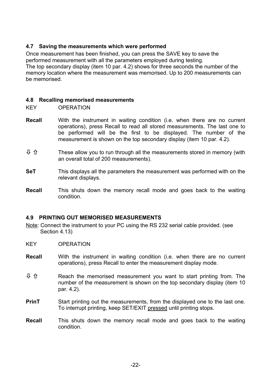 Aving the measurements which were performed, Ecalling memorised measurements, Printing out memorised measurements | Chapter 4.7) | Amprobe MEGATEST-5000 Megohmmeter User Manual | Page 24 / 32