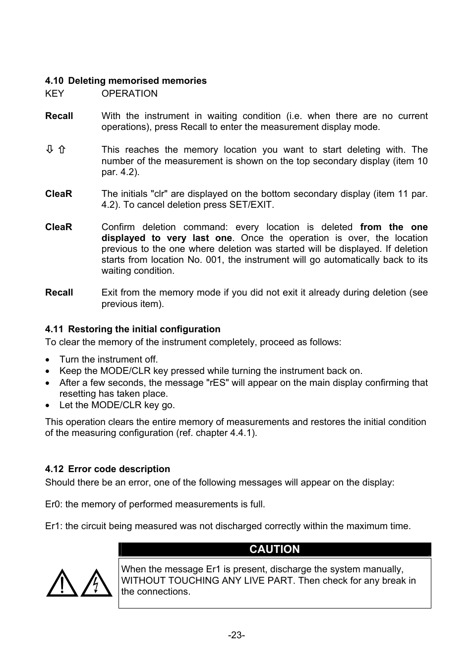 10 d, Eleting memorised memories, 11 r | Estoring the initial configuration, 12 e, Rror code description | Amprobe MEGATEST-5000 Megohmmeter User Manual | Page 25 / 32