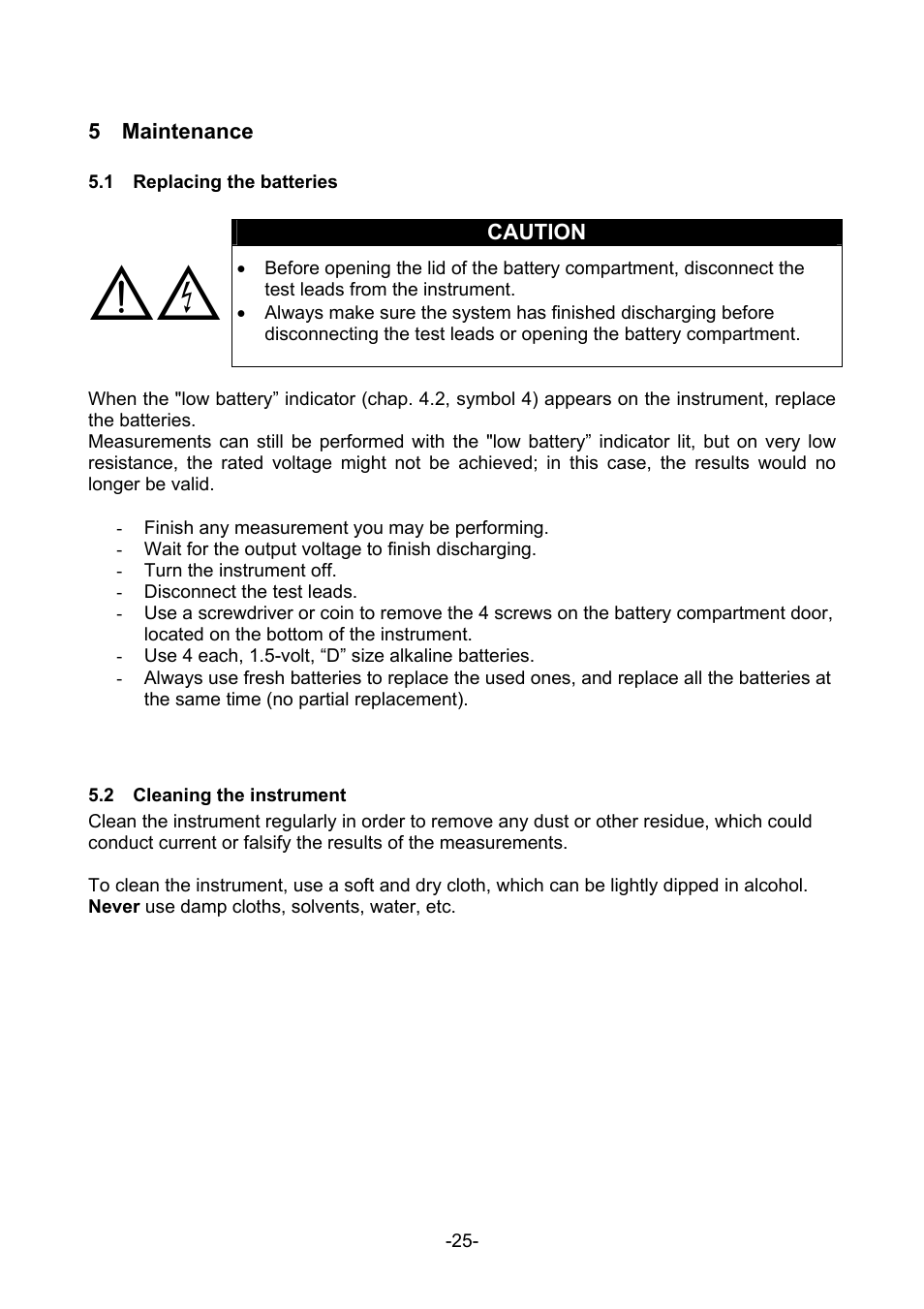 Maintenance, Eplacing the batteries, Leaning the instrument | Amprobe MEGATEST-5000 Megohmmeter User Manual | Page 27 / 32